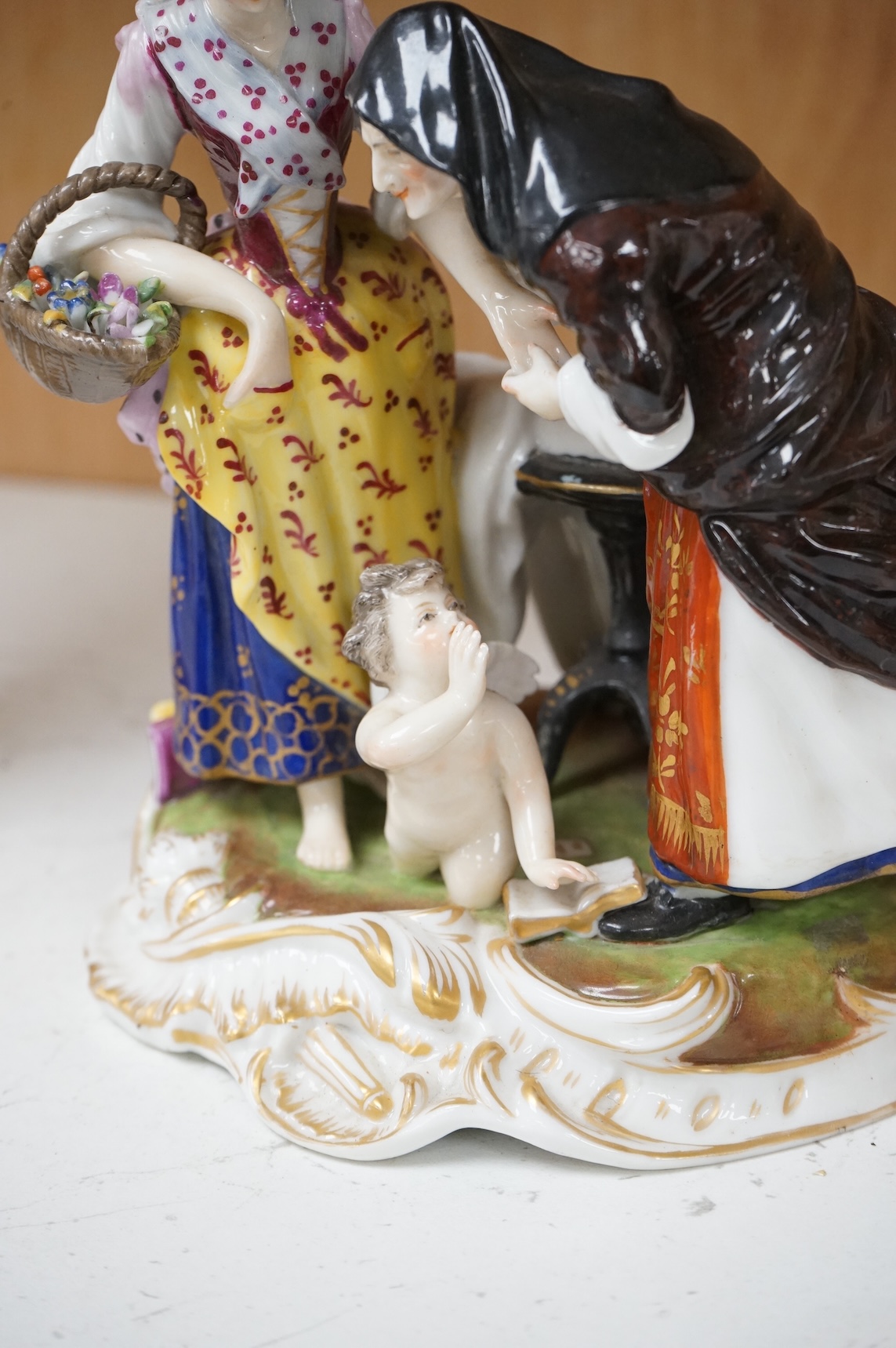 A Ludwigburg style group and a Volkstedt figure of a lyre player, 20cm high